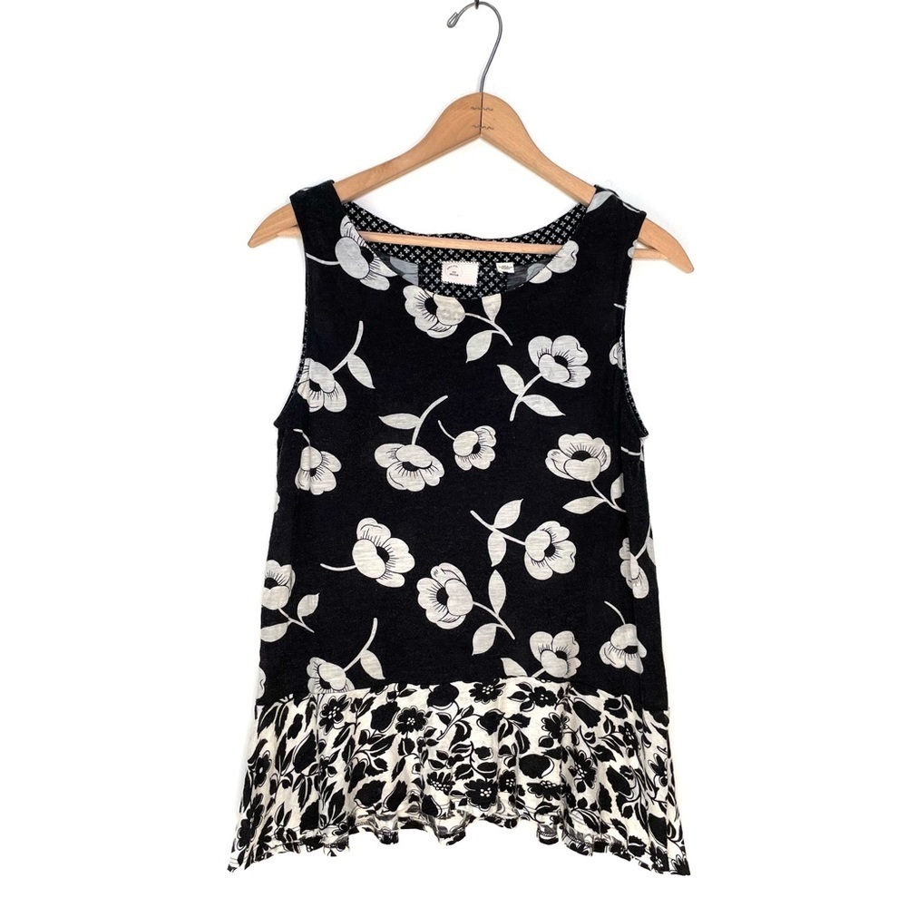 Anthropologie | Postmark Black and White Floral Ruffle Hem Sleeveless Top